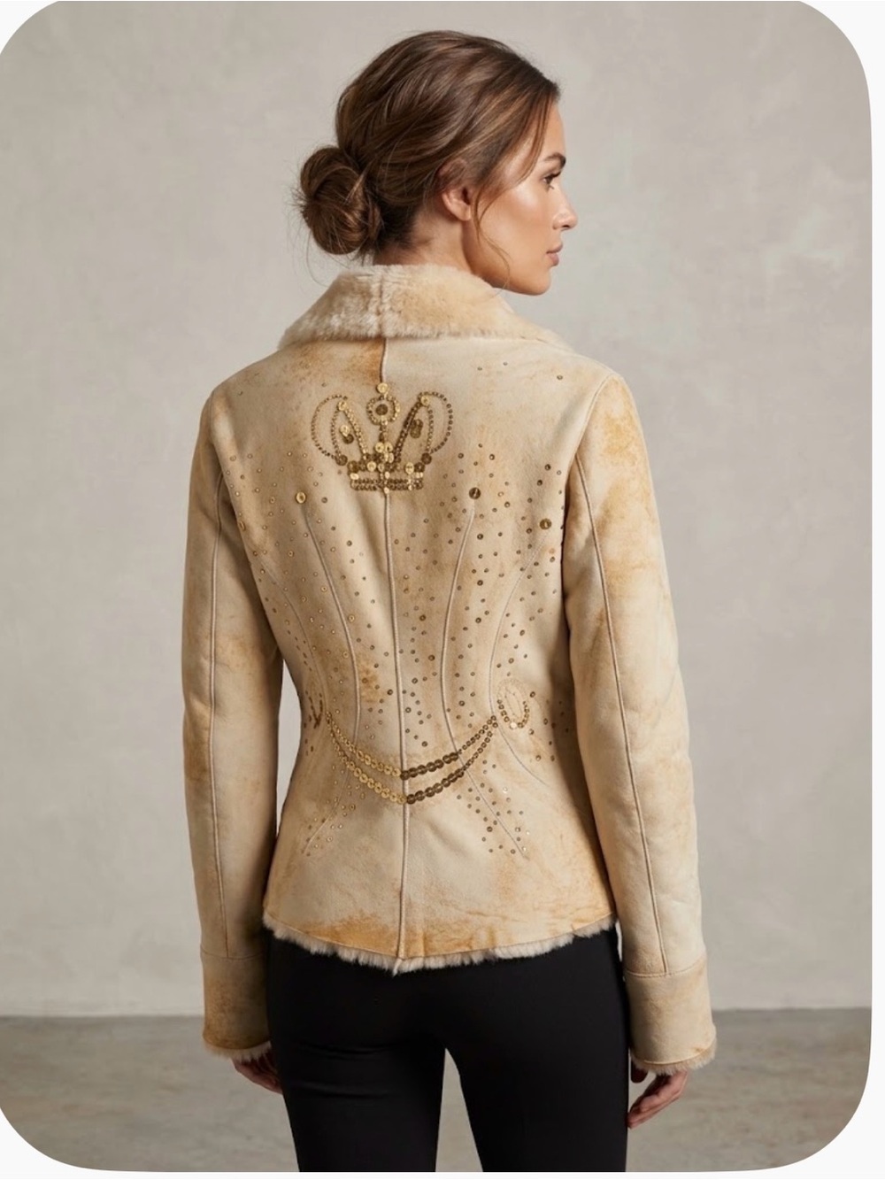 Knigh Beaded Crown 100% leather Shearling Jacket -Made in Italy